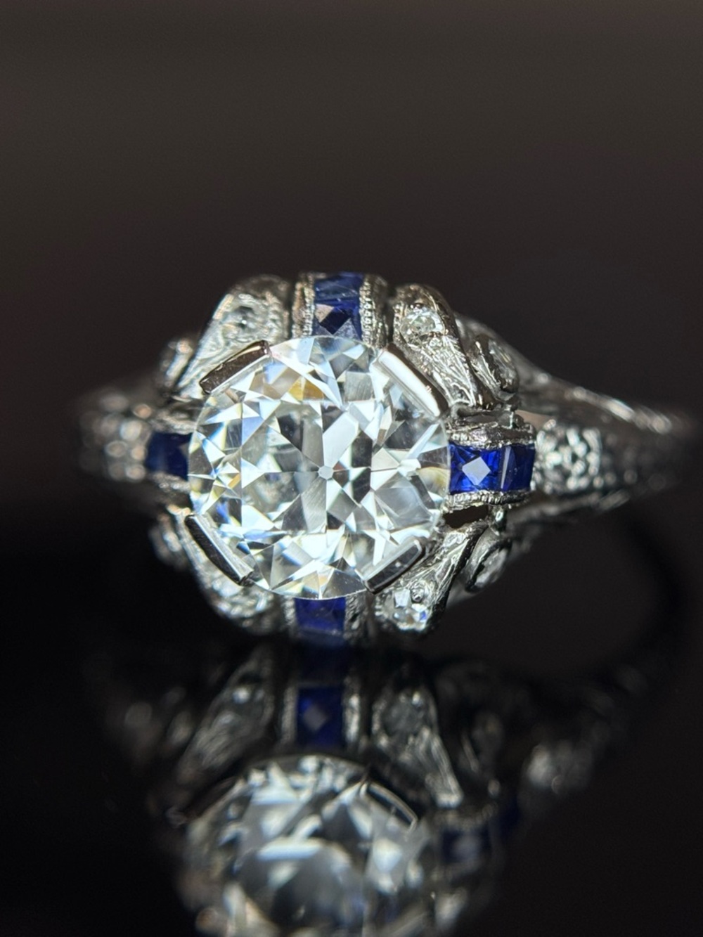 GIA Old European Cut Diamond Sapphire Engagement Ring 1.62 ctw